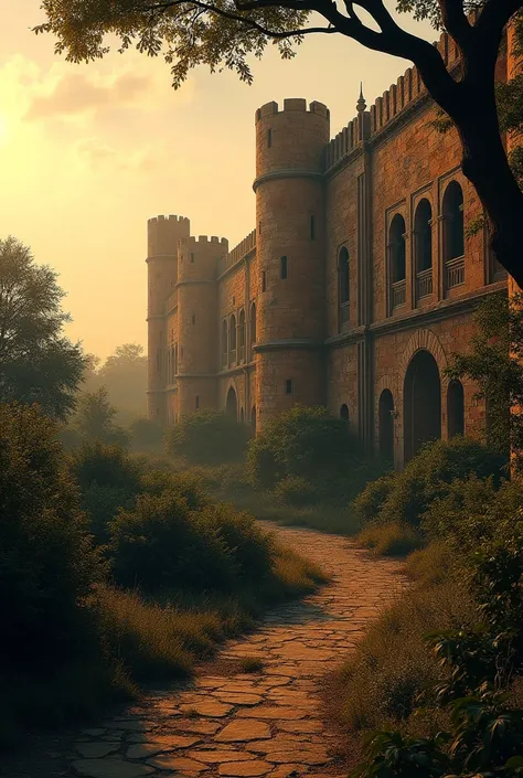 A centuries-old, crumbling fort on the edge of a small village in Rajasthan, surrounded by dense trees and overgrown bushes. The fort looks ancient, with cracked stone walls, an eerie and abandoned atmosphere, and the setting sun casting long shadows over ...