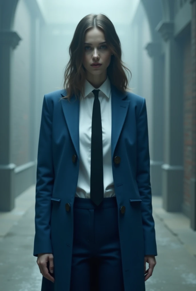 A woman wearing a blue overcoat and underneath a white dress shirt with a black tie and blue pants. The woman has no eyes, mouth and nose.