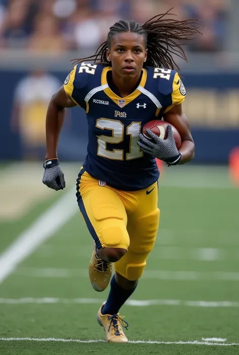 A photo of Sophia Evans, a running back for the female Pitt Panthers football team. Number 21. Surprisingly thin for a football player