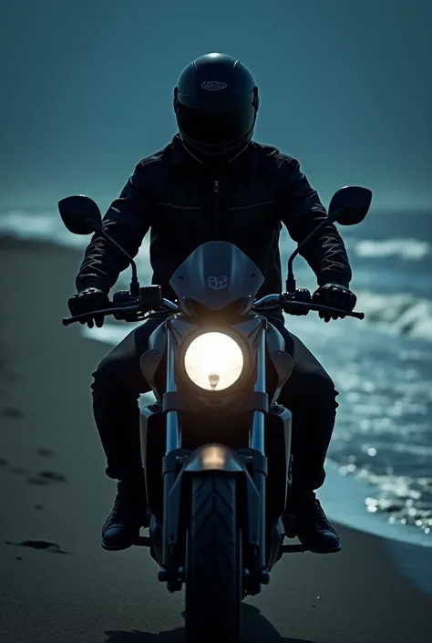 A man with by motor bicycle helmet waving  at camera the night time beach, hide face, 
make it realistic picture 