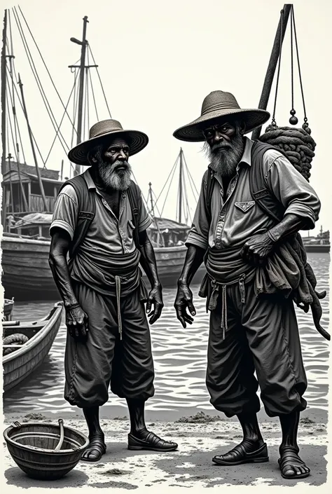 Bahian fishermen in traditional black and white WOOD PRINTING style Woodcut Woodcut Woodcut Woodcut 