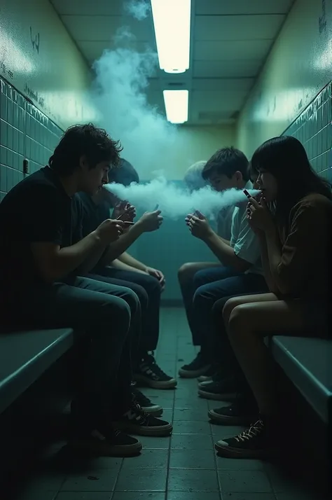 Teenagers smoking e-cigarettes in the bathroom 