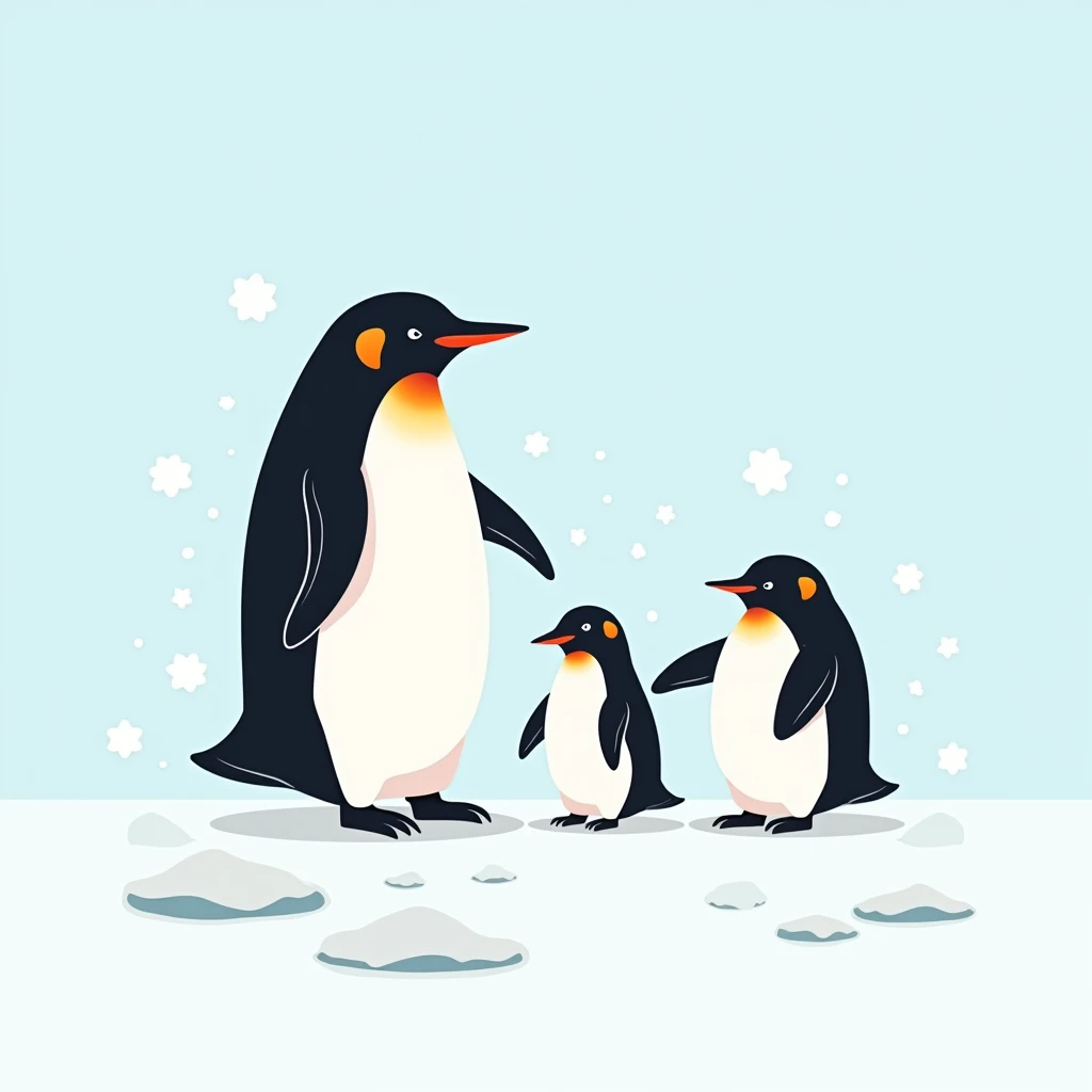 Design a cute vector illustration of a penguin family standing on an icy landscape, with simple shapes and clean lines to emphasize their endearing features.