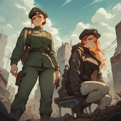 women, with military uniform, in a post-apocalyptic world 