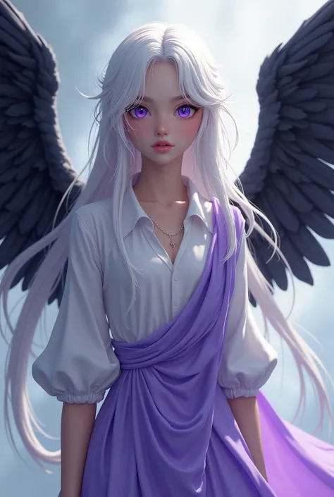 A 20-year-old girl with white hair and purple eyes and wearing a long dress with a white shirt with a long purple Marga with black wings with a positive personality 
