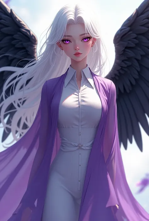 A 20-year-old girl with white hair and purple eyes and wearing a long dress with a white shirt with a long purple Marga with black wings with a positive personality 
