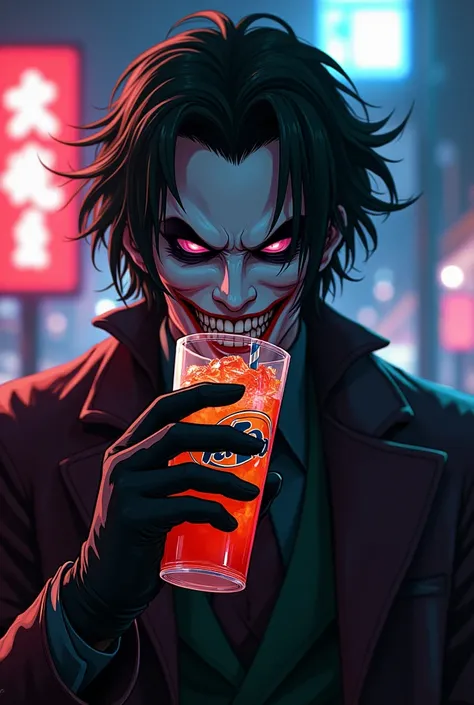 Joker from Persona 5 drinking a Fanta soda flavored drink