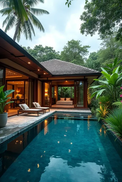 7 * 9 m Villa property in Thailand with blue dark blue pool a bedroom and the kitchen high ceiling, partly open into passion fruit farm