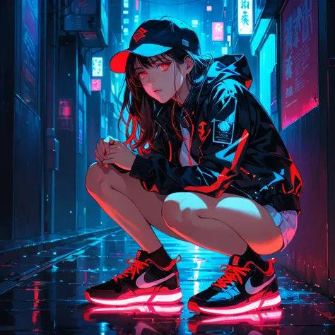 An anime-style illustration of a woman crouching in the dark, looking straight ahead with her face hidden by a cap. She is wearing a street-style jacket and sneakers, both highlighted with fluorescent red, making them visible in the dark.
redeyes,
High res...