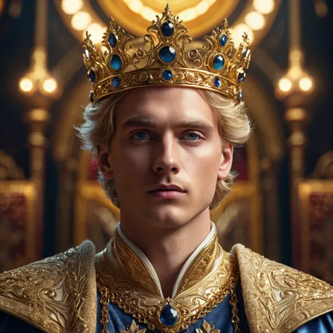 a blond man with universe eyes, detailed facial features, detailed eyes, extremely detailed face, detailed lips, wearing a crown, royal robes, ornate golden details, majestic pose, dramatic lighting, cinematic, epic, fantasy, digital art, concept design, h...