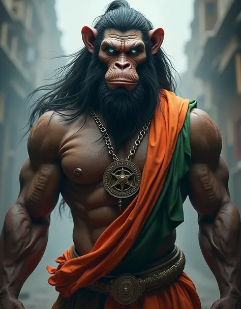 "Create an image of a powerful, muscular, and majestic humanoid figure with the head of a monkey, resembling full body Lord Hanuman. The figure should have long flowing hair, a fierce expression, and blue eyes. He is adorned with the Indian tricolor (saffr...