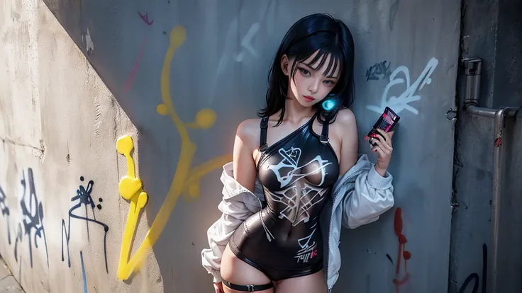 ultra realista 8k CG, work of art, ((ultra detailed background, delicate pattern, intricate-detail)), (highy detailed, detailed quality, (photorrealistic:1.4),beautiful lighting, work of art, best qualityer, 1 sexy cyberpunk girl, standing alone, Harajuku ...