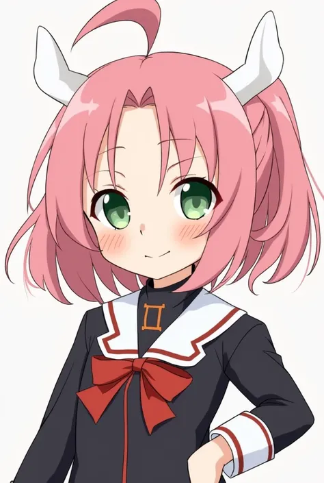 Pink Hair、Green Eyes、Forehead、Two horns、Black Uniform