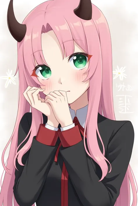 Pink Hair、Green Eyes、Forehead、Two horns、Black Uniform