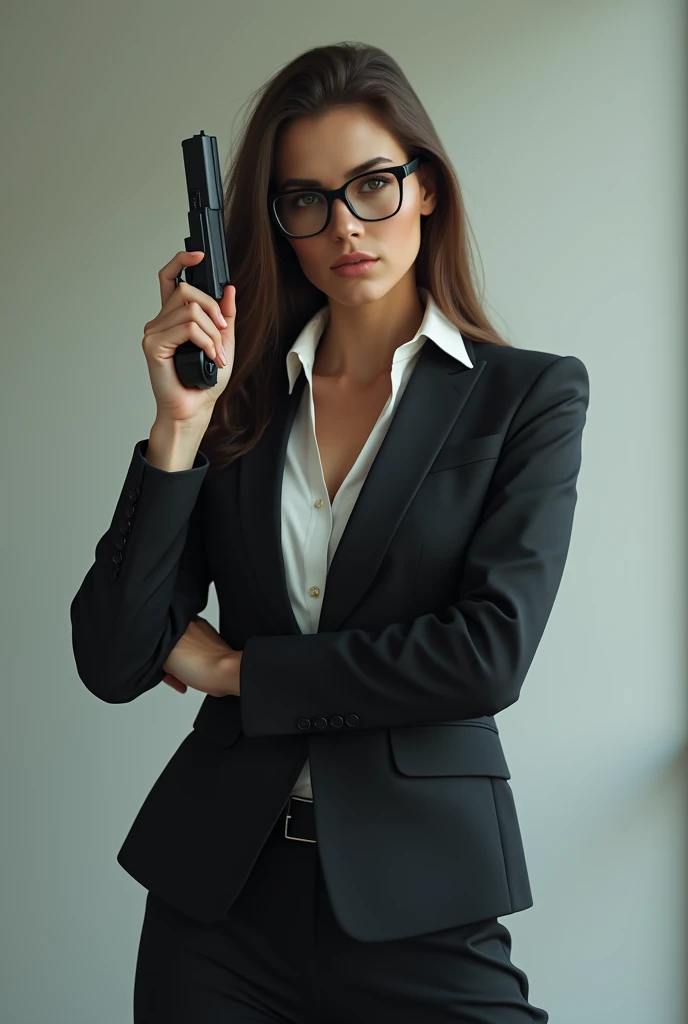 there is a woman in a suit and glasses posing with a gun, wearing a strict business suit, in strict suit, elegant posed, in a business suit, wearing tight suit, in a strict suit, lawyer suit, in suit with black glasses, wearing business suit, with glasses,...