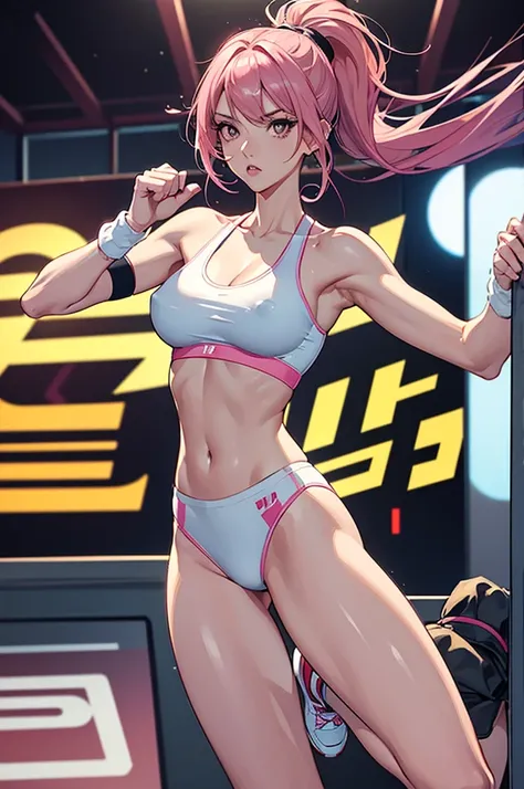 An ultra-detailed full-body illustration, style of 1980s Japanese comics, 8k resolutions, 1girl, solo slender leg, featuring of Blackpink, Characteriistic by alluring, The character has striking pink hair partially concealed under a reflective pink hoodie,...