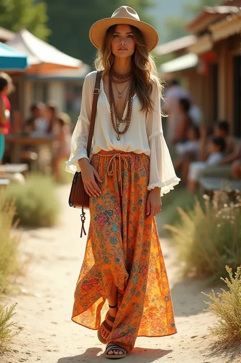 Boho Vibes
   Top: Flowy blouse with bell sleeves or a peasant top.
   Bottom: Maxi skirt or wide-leg pants with a floral pattern.
   Shoes: Sandals or espadrilles.
   Accessories: Layered necklaces, a wide-brim hat, and a crossbody bag.