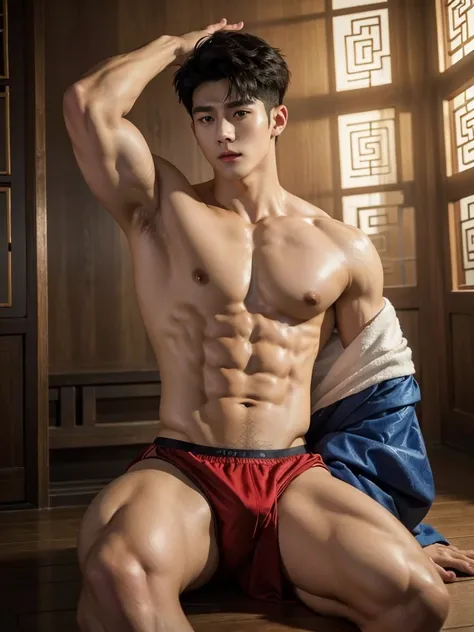 Chinese Men God, Mythology, Chinese odyssy, Handsome young baby face, Topless, Muscles Athlete body, Full Frame, Sexy, Professional Lighting, Hanfu Outfit, Chinese Heaven Background,  smooth skin color Underwear, Hanfu Warrior, Hanfu God, Hanfu Male, Hanfu...