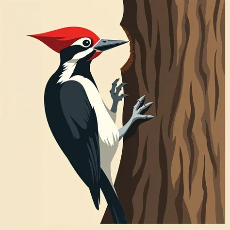 Create a vector image of a woodpecker pecking at a tree trunk, highlighting its distinctive red head and detailed beak with a clean, stylized approach.