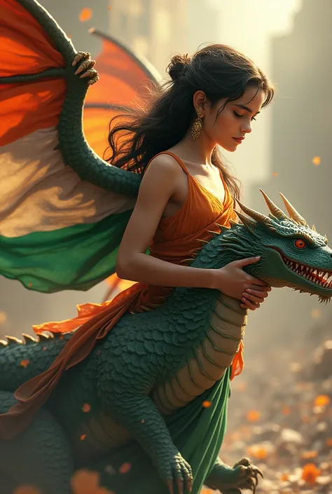 Prompt “Illustration with an Indian flag in hand of beautiful girl. A ferocious dragon caring  her. The text "Shailja" as  her name and she has Indian tricolor wings. ‘Create a 3D illusion profile picture in 4K.”