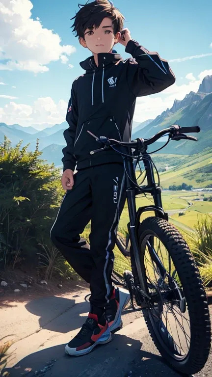 Ek boy on mountain with sports bike 