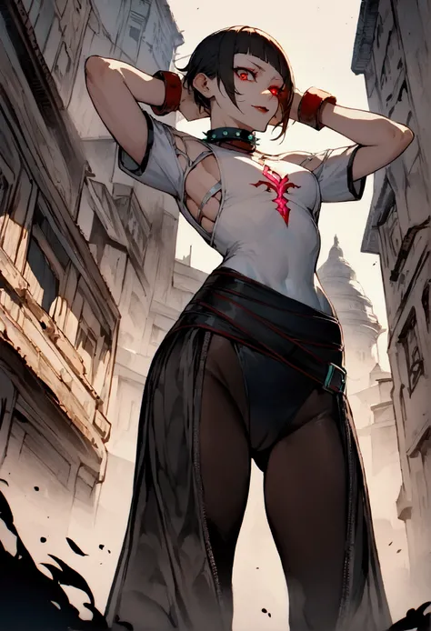 standing,alone,short hair,work of art,face detailed,young fitness linda,Wearing black pantyhose,tight white sweater with collar ,neckleace,evil smile,red eyes glowing,labiaa,eye shadow,bangs on the eyes,Hands behind the head ,background city
