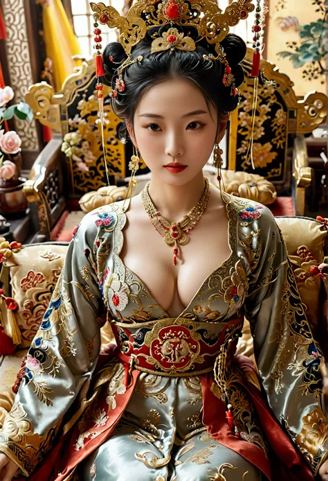 A gorgeous empress of the Chinese court during the Qing Dynasty, naked with big breasts on a golden sofa, spreading one&#39;s legs open wide with knees bent,creating the shape of the letter M（Porn Pose） A gorgeous Chinese imperial empress with her hair tie...