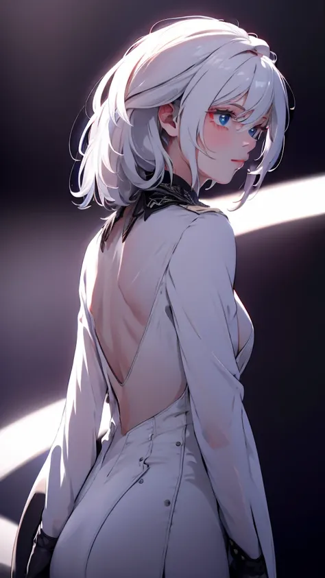 1 Girl, medium light white hair, light blue eyes, wearing Black Suit 4D , night club TOWN , high res, ultrasharp, 8K, masterpiece, looking from behind