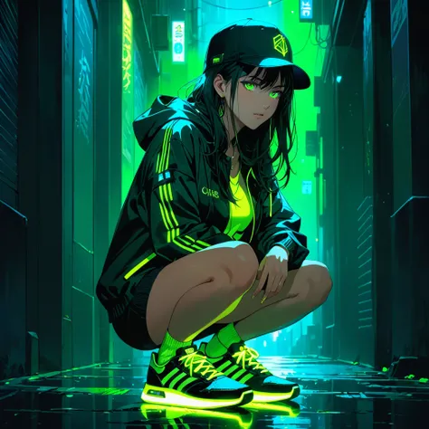 An anime-style illustration of a woman crouching in the dark, looking straight ahead with her face hidden by a cap. She is wearing a street-style jacket and sneakers, both with fluorescent green accents that stand out in the dark environment.greeneyes,

Hi...