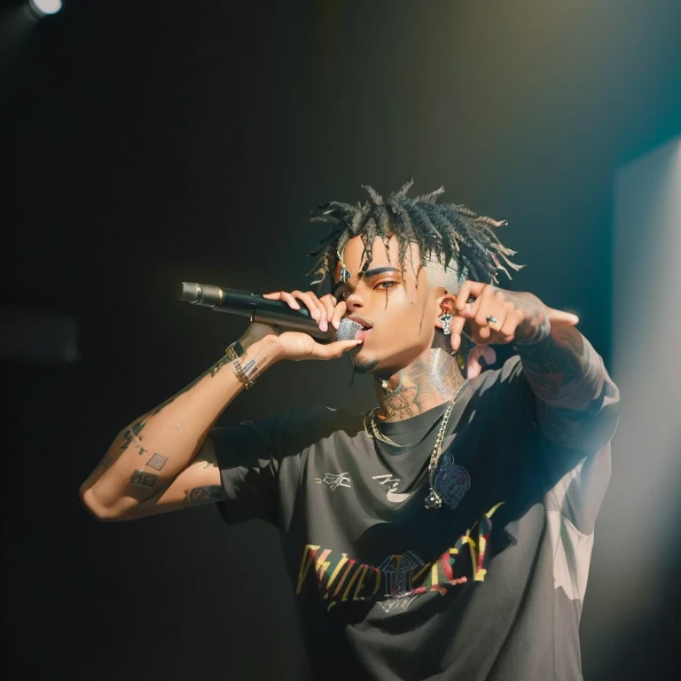 a man with a microphone in his hand on stage, xxxtentacion, rapping into microphone, playboi carti, trippie redd, sicko, rapping on stage at festival, ✏️🎨, rapping, performing on stage, performing, playboi carti portrait, concert photography, syd, lil uzi ...