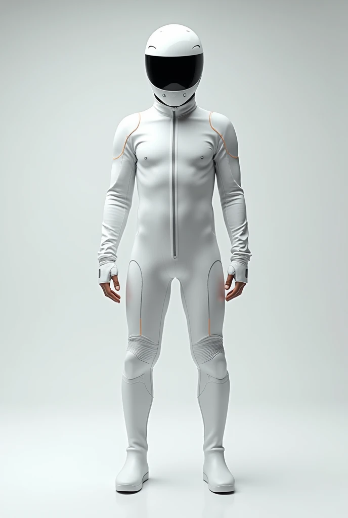 biker in white biker safety suit front view full body in standing pose and helmet