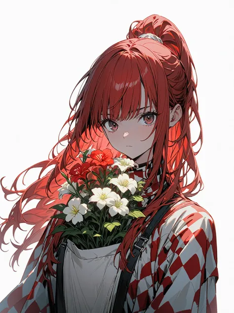 ((masterpiece)), (Highest quality), (Cinematic), (((Blank Background:1.5, No background:1.5, Background white:1.5))), woman、１７Age、Upper Body、(Checkered clothing:1.5), (Red Hair:1.5), (Long hair ponytail:1.5), One piece clothes、apron、flower、いろんなflower、たくさんの...