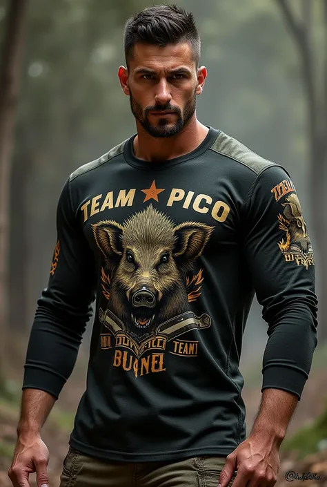 CREATE A MILITARY STYLE LONG SLEEVE SHIRT WITH YOUR LOGO WRITTEN ON IT  "TEAM PICA FUMO AND A BOAR , RIFLES 556 , SHOOTING HOLES,  PRINTED ON T-SHIRT 








