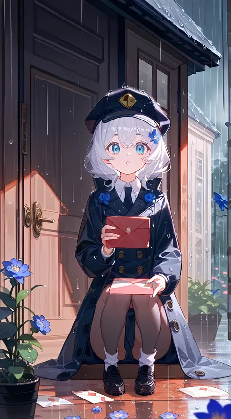 Western European Architecture 1 Girls，White bundled hair，Blue Eyes，Black hat，Black coat，rain，Wide eyes，Sitting on the steps，eaves，Background door，Mail，Mail上的睡觉黑猫，Blue flower in hand，Movie lighting，Highest quality，（White hair）