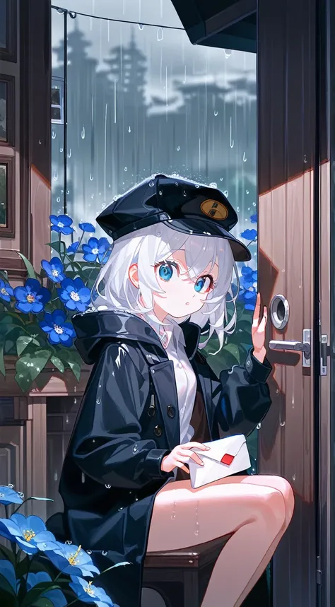 Western European Architecture 1 Girls，White bundled hair，Blue Eyes，Black hat，Black coat，rain，Wide eyes，Sitting on the steps，eaves，Background door，Mail，Mail上的睡觉黑猫，Blue flower in hand，Movie lighting，Highest quality，（White hair）