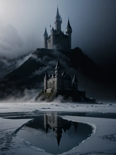 Draw me a picture of a magnificent black castle built on ice and let there be fog