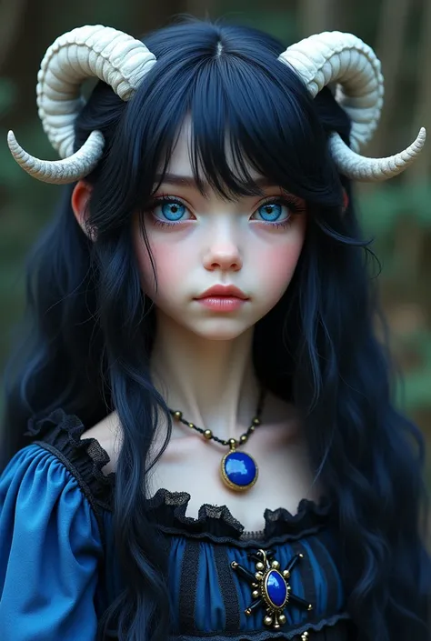 A 15 year old girl with long black hair with blue tones wearing an Alice-like dress in blue and black with royal blue eyes with white horns and a simple lazuli pencil necklace 