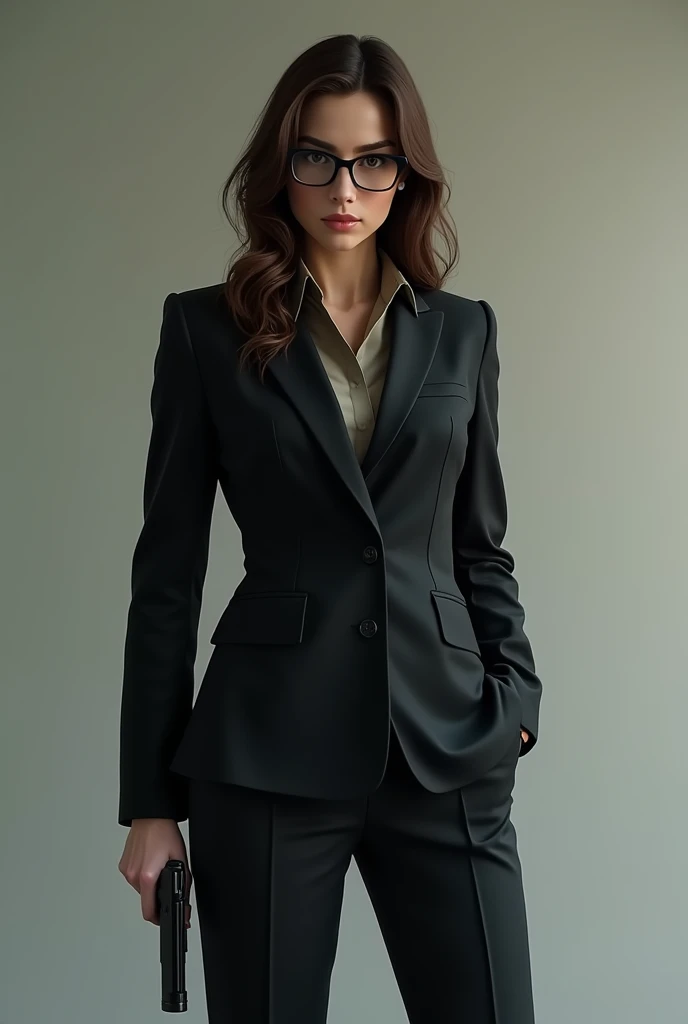 PSYCHO-PASS,there is a woman in a suit and glasses posing with a gun, wearing a strict business suit, in strict suit, elegant posed, in a business suit, wearing tight suit, in a strict suit, lawyer suit, in suit with black glasses, wearing business suit, w...