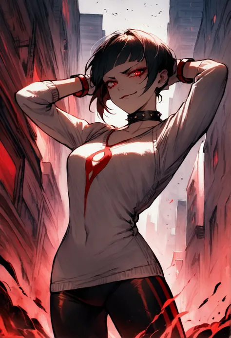 standing,alone,short hair,work of art,face detailed,young fitness linda,Wearing black pantyhose,tight white sweater with collar ,neckleace,evil smile,red eyes glowing,labiaa,eye shadow,bangs on the eyes,Hands behind the head ,background city
