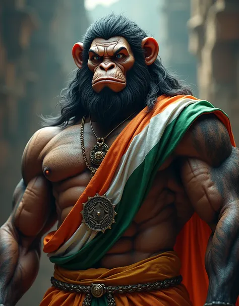 "Create an image of a powerful, muscular, and majestic humanoid figure with the head of a monkey, resembling full body Lord Hanuman. The figure should have long flowing hair, a fierce expression, and blue eyes. He is adorned with the Indian tricolor (saffr...