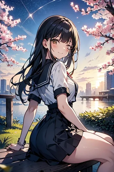 ：best quality, 1girl, solo, (nukumizu kaju:1.2), __posture__, long hair, black hair, blunt bangs, bangs, brown eyes, dress, white dress, sailor collar, sailor dress, short sleeves, black sailor collar, yellow neckerchief, neckerchief, middle breasts, breas...