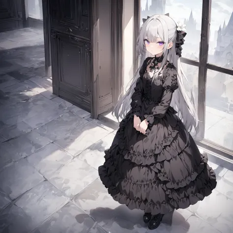 (((masterpiece))),(((best quality))),(((extremely detailed))), 1girl, solo, gothic lolita, neutral face, looking at viewer, standing, contrapposto,full body, long floating grey hair , purple eyes, white flower on the left of her head, BREAK (((full long bl...