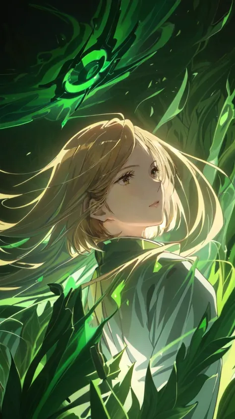 A woman with short orange hair and orange eyes stands in the forest, Curse Return style, Curse Return, detailed key anime art, The Spell of the Grass Spirit, Detailed digital anime art, Anime Fantasy Artwork, Green Halo, Glowing Green Soul Hammer, Anime Ar...