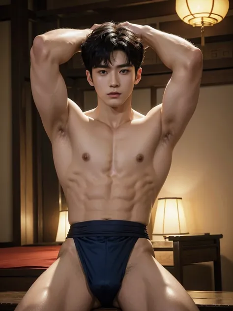 Chinese Men God, Mythology, Chinese odyssy, Handsome young baby face, Topless, Muscles Athlete body, Full Frame, Sexy, Professional Lighting, Hanfu Outfit, Chinese Heaven Background,  smooth skin color Underwear, Hanfu Warrior, Hanfu God, Hanfu Male, Hanfu...