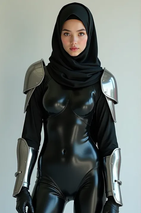 A girl wearing hijab . Innocent face. Long leg. Wearing full body black latex suit and silver body armor. High quality. High resolution