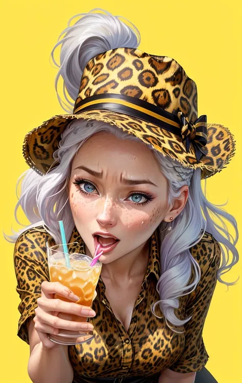 Close-up of a 40-year-old woman wearing a leopard print shirt and hat, Please draw an illustration of a cute girl shouting while holding a drink. Sweat. very hot . summer .Her hair color is white. Her eye color is blue. Her hairstyle is a ponytail . She is...