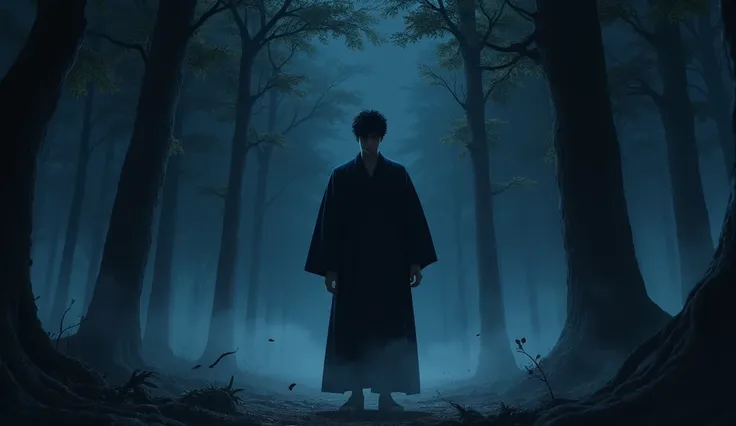 Japanese man in black kimono in the forest at night々Matrix of、Overall color：Blue Dark