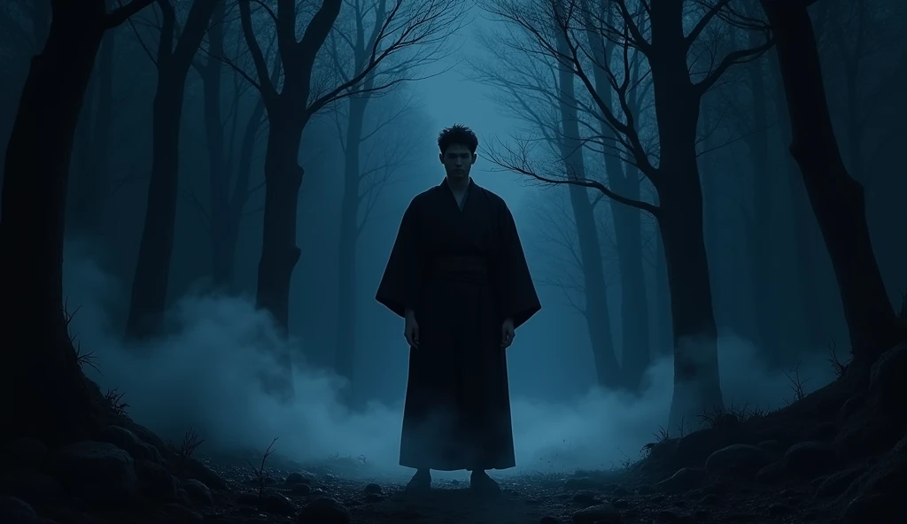 Japanese man in black kimono in the forest at night々Matrix of、Overall color：Blue Dark