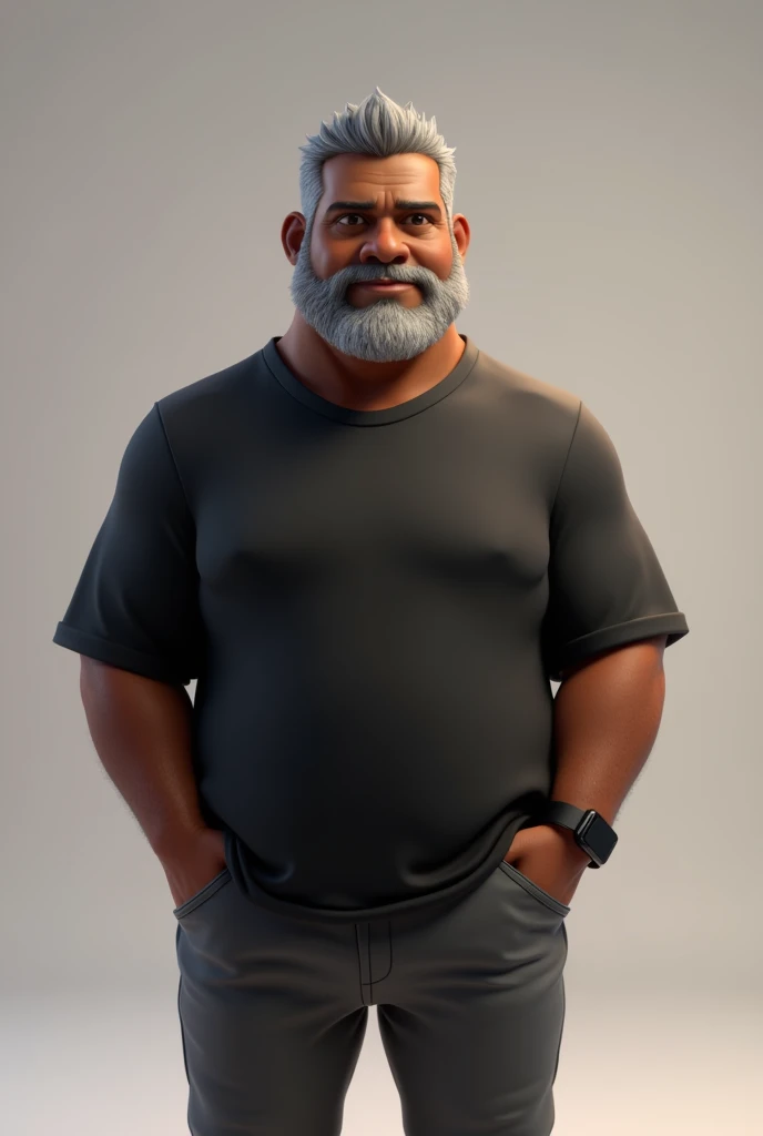 Create a stylized 3D cartoon character of a middle-aged black man with very short hair, wearing modern black glasses. The character should have a broad build but without a belly or muscular physique, and a friendly expression, but not smiling. His skin ton...