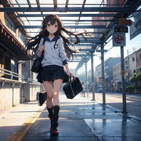 Long haired anime girl walking on train platform, Kantai Collection Style, Railgun, konpeki no kantai, Kantai Collection Arcade, Kantai Collection, Makoto Shinkai style, Cute anime visuals, Makoto Shinkai&#39;s art style, Beautiful anime school girl, Anime...